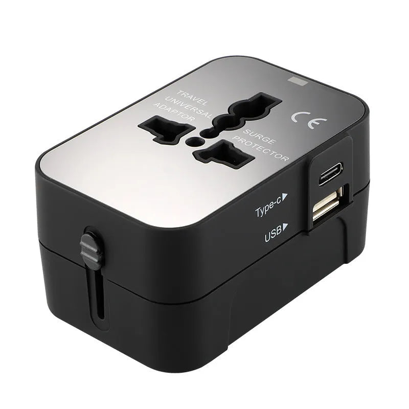 Universal travel adapter plug with USB charging port for international power conversion