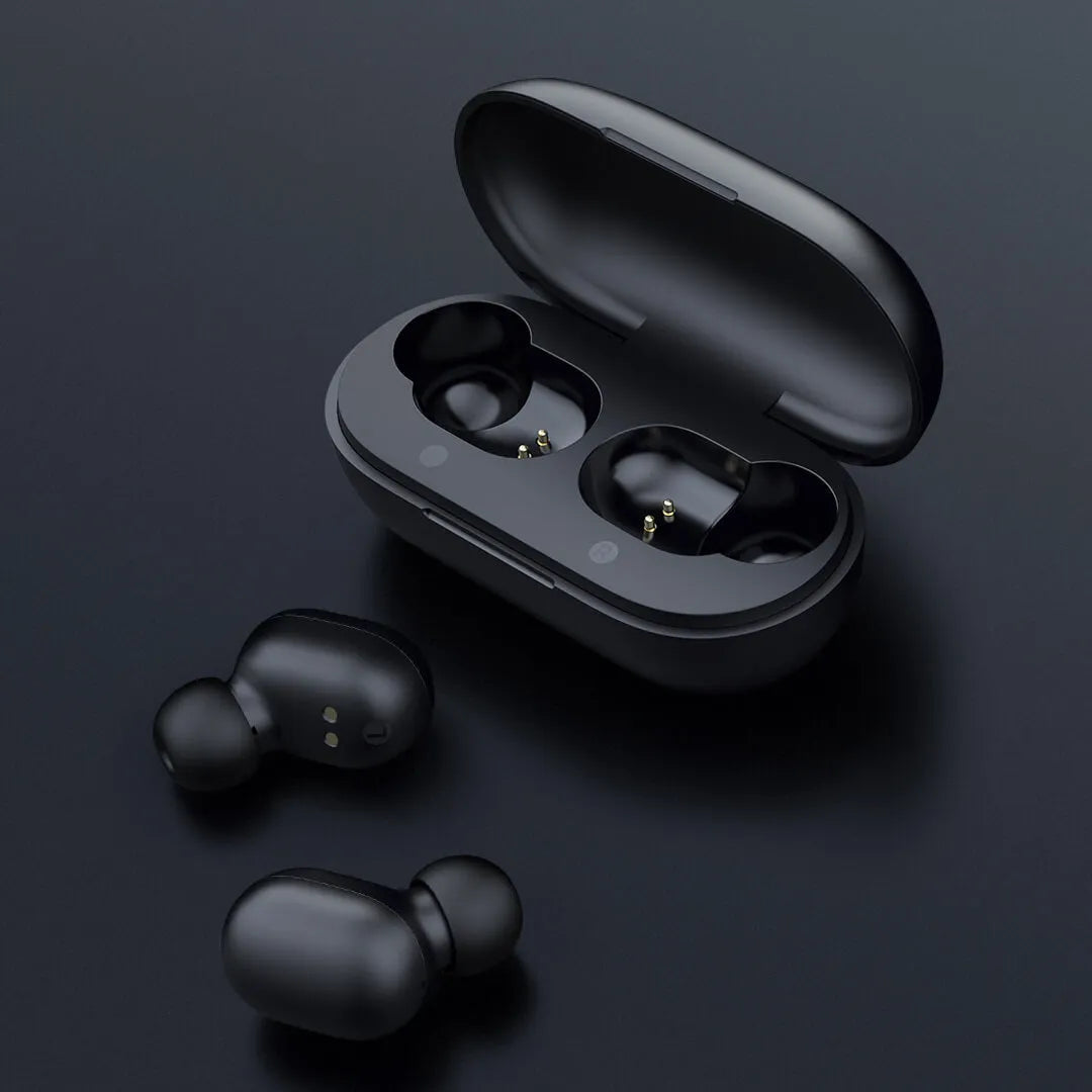 Black true wireless Bluetooth earbuds with stereo sound and multi-point connectivity