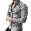 Lapel printed long-sleeved casual floral shirt in white with floral pattern, front view