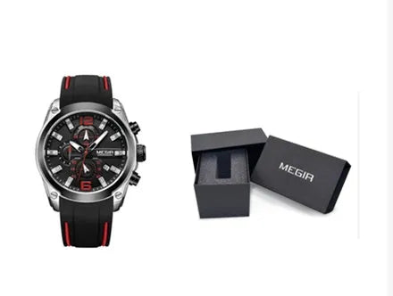 Multifunctional quartz sports watch with 46mm dial, silicone strap, and alloy case in black