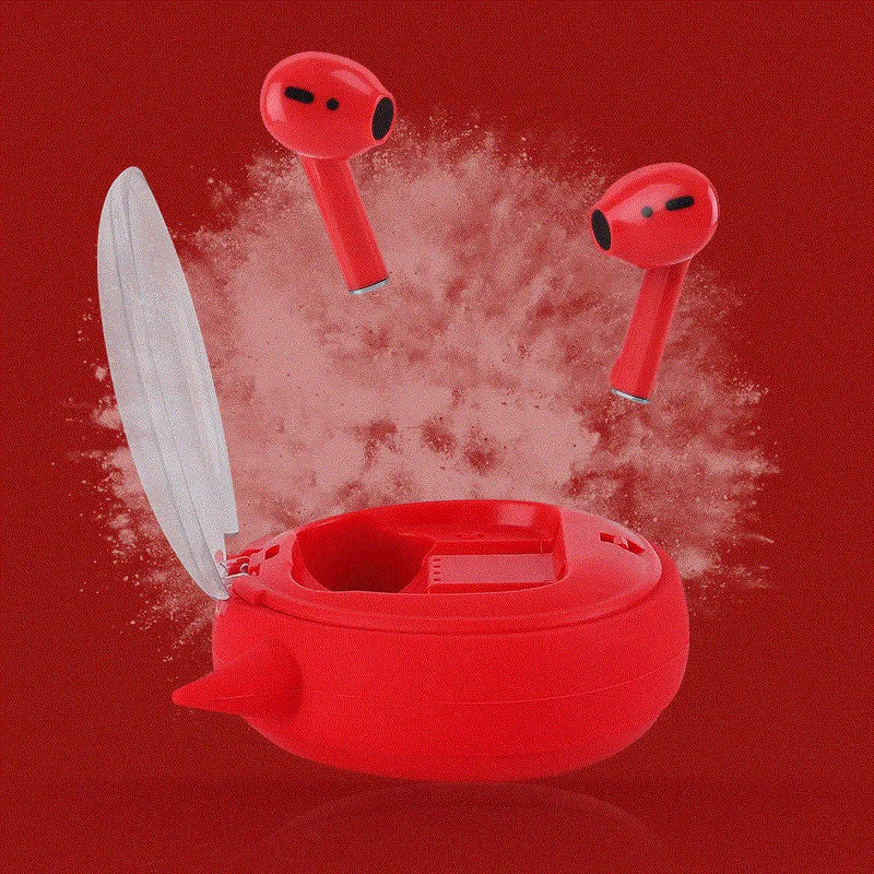 Red TWS 5.0 wireless Bluetooth headset with compact design for in-ear use