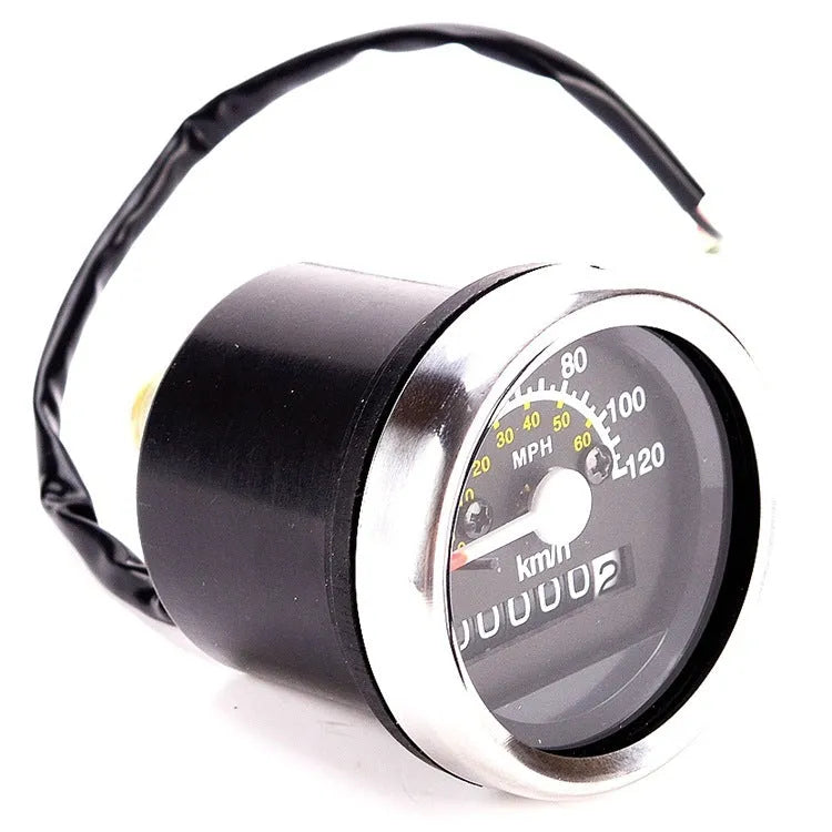 Round black electroplated iron motorcycle mechanical speedometer with dual km/h and MPH scales, 61.5mm diameter, 52mm mounting hole