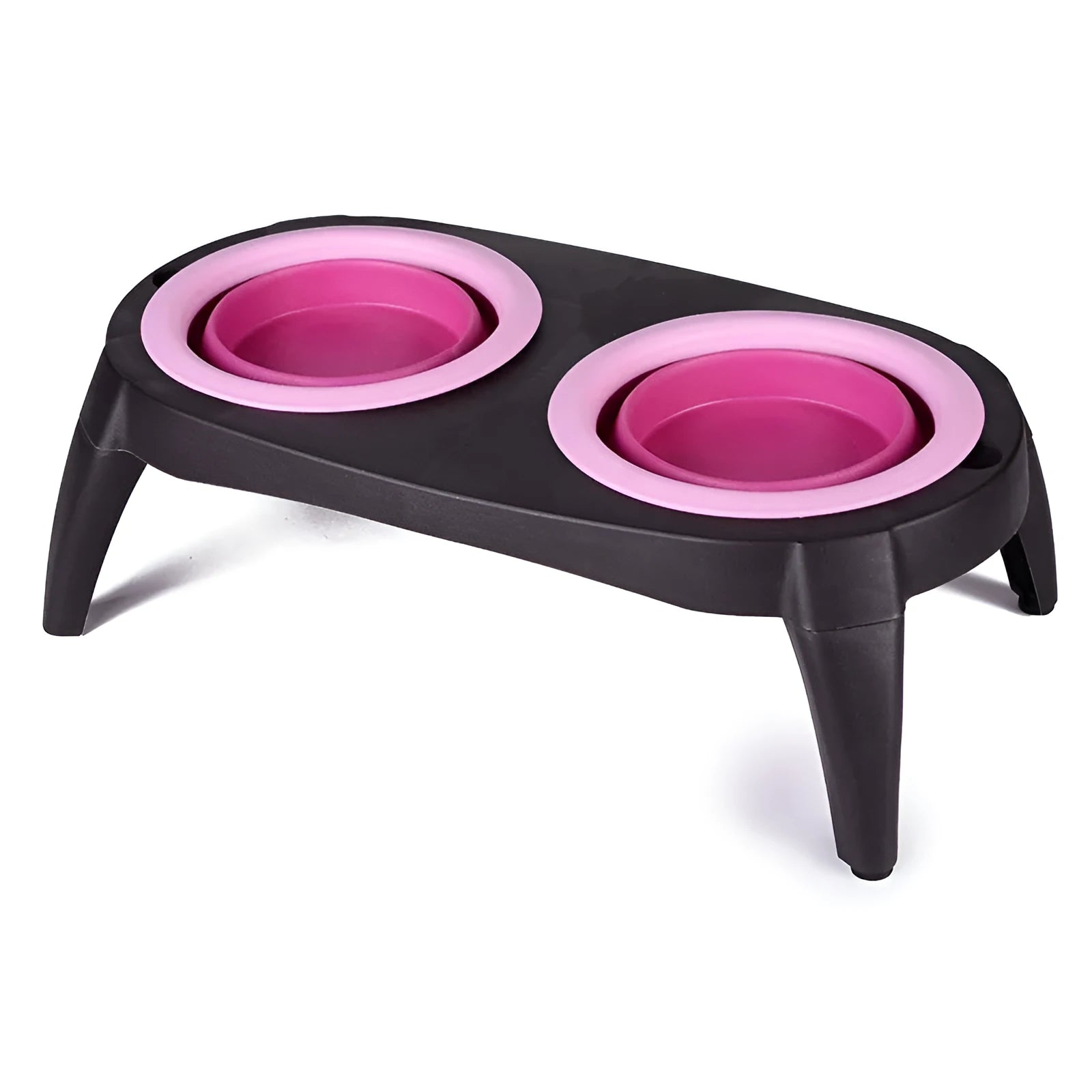 Blue folding double bowl dog feeder with separate food and water compartments