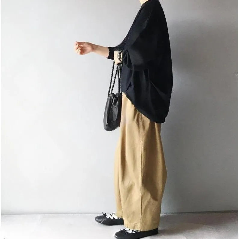 Lantern sleeve loose round neck sweater and wide leg cropped pants two-piece set for women in polyester fibre