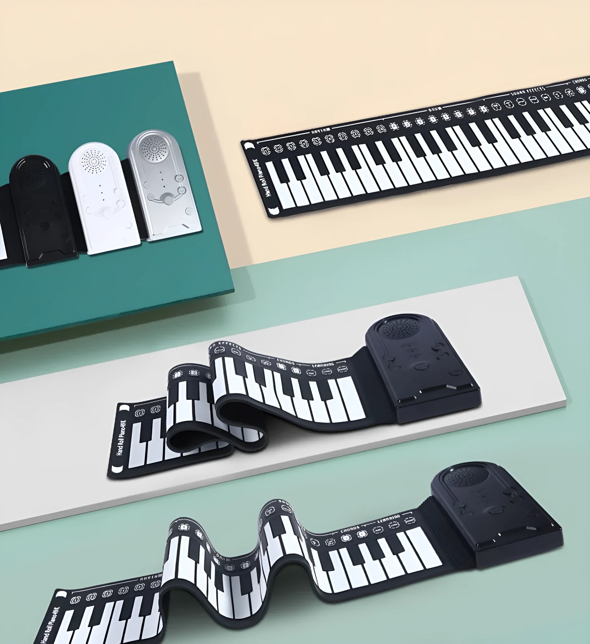Rolled-up silicone keyboard next to its ABS control panel, packed inside a 28cm black carry case.