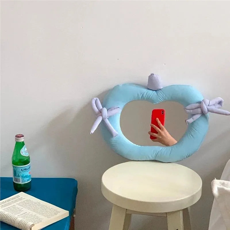 Korean-style soft fabric pillow mirror with apple print and aluminium lens