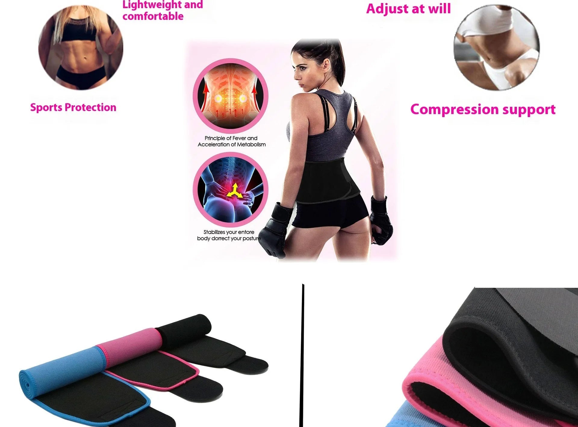 Neoprene lumbar support fitness belt in black, blue, or pink colours for waist protection.