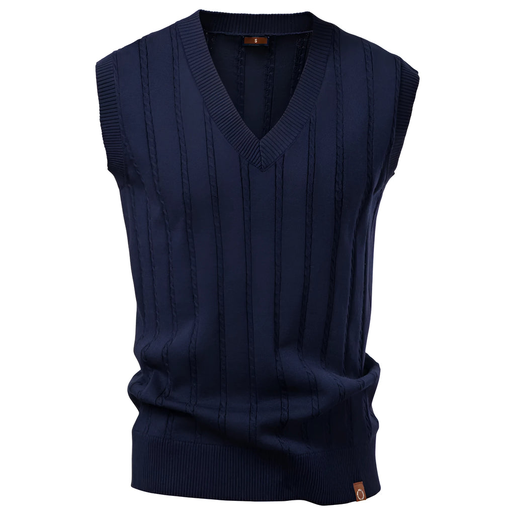 Men's V-neck twist sweater vest in dark blue, slim fit pullover style, chemical fibre blend