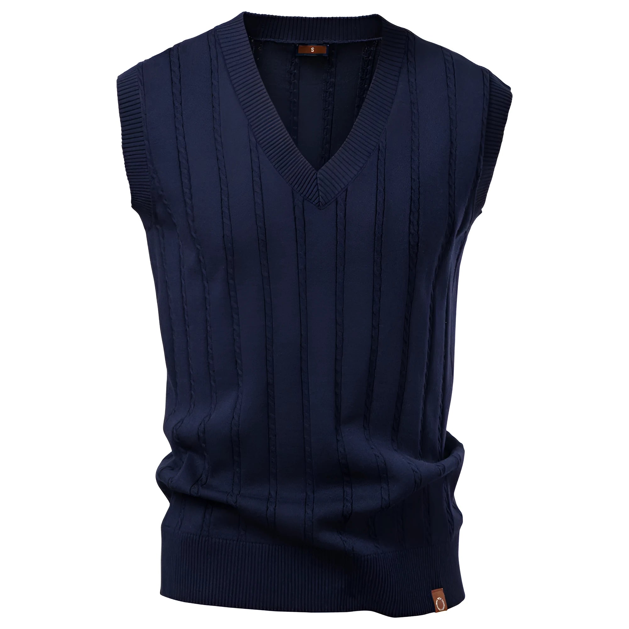 Men's V-neck twist sweater vest in dark blue, slim fit pullover style, chemical fibre blend