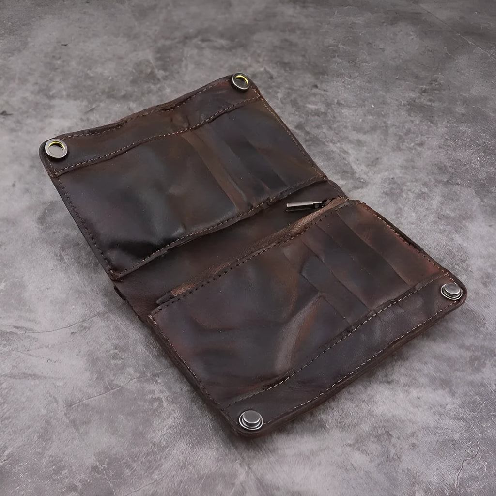 Men's retro-style long cowhide leather wallet open to show card slots, coin pocket, and bill compartment.