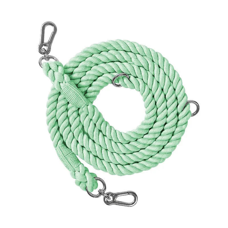 Woven rainbow coloured dog leash with clips at both ends, shown in a choice of colours with silver or gold fittings.