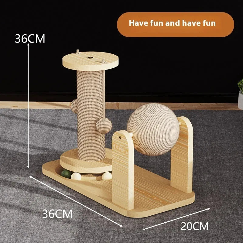 Solid wood cat scratch board toy with a rotating turntable and a ball, shown in a panda-themed design.