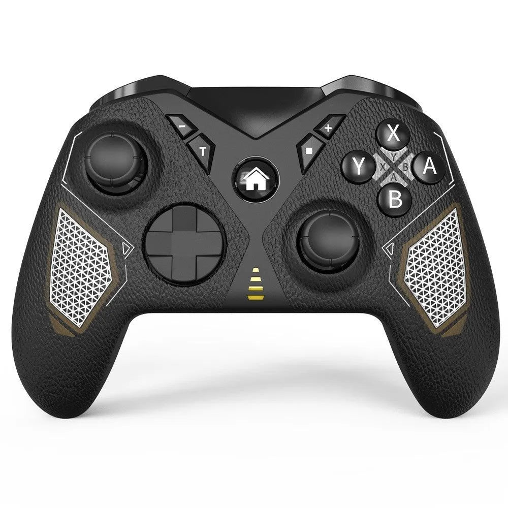 Black wireless game controller with textured leather-grip pattern on handles, shown front and back.