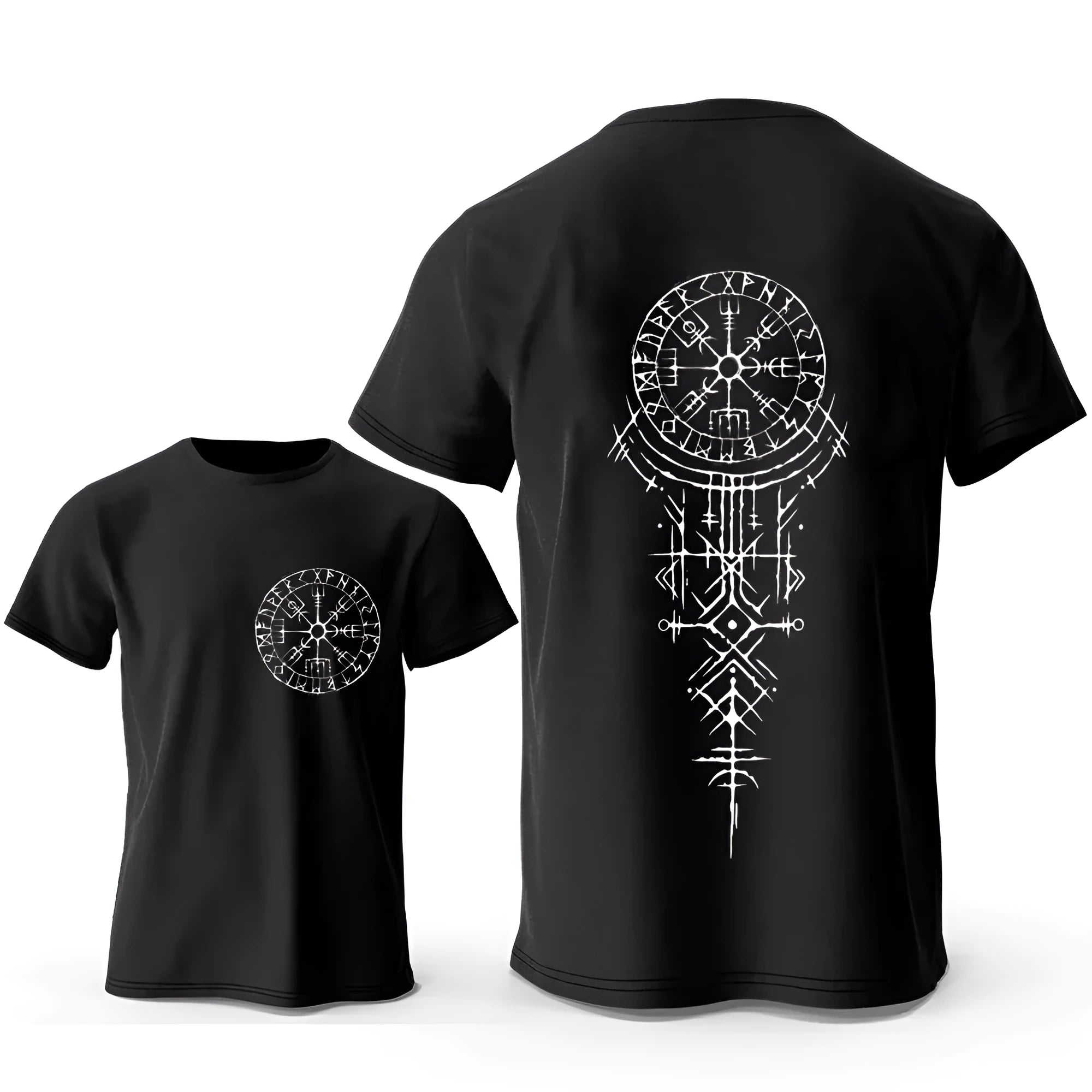 Men's grey Viking Rune Compass graphic T-shirt on a hanger
