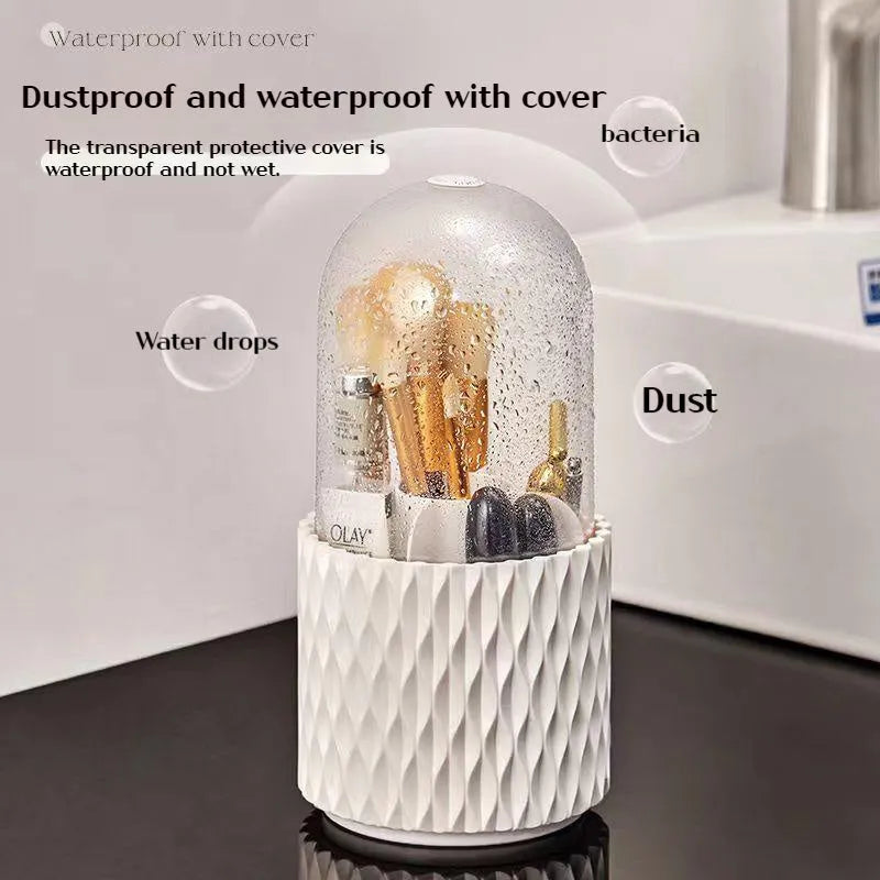 Transparent rotating makeup brush holder with white base and dust-proof lid