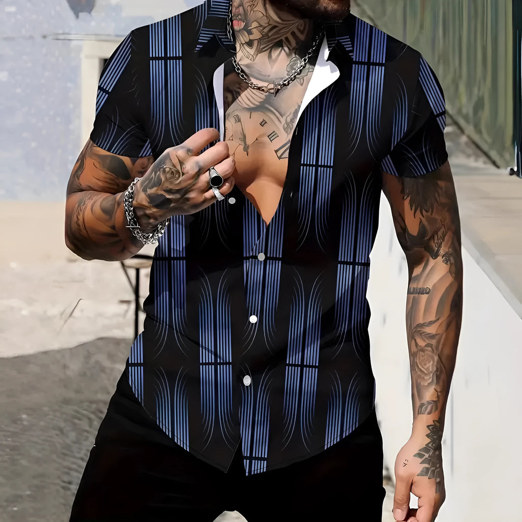 Men's geometric pattern short sleeve shirt with lapel collar on a slim fit model.