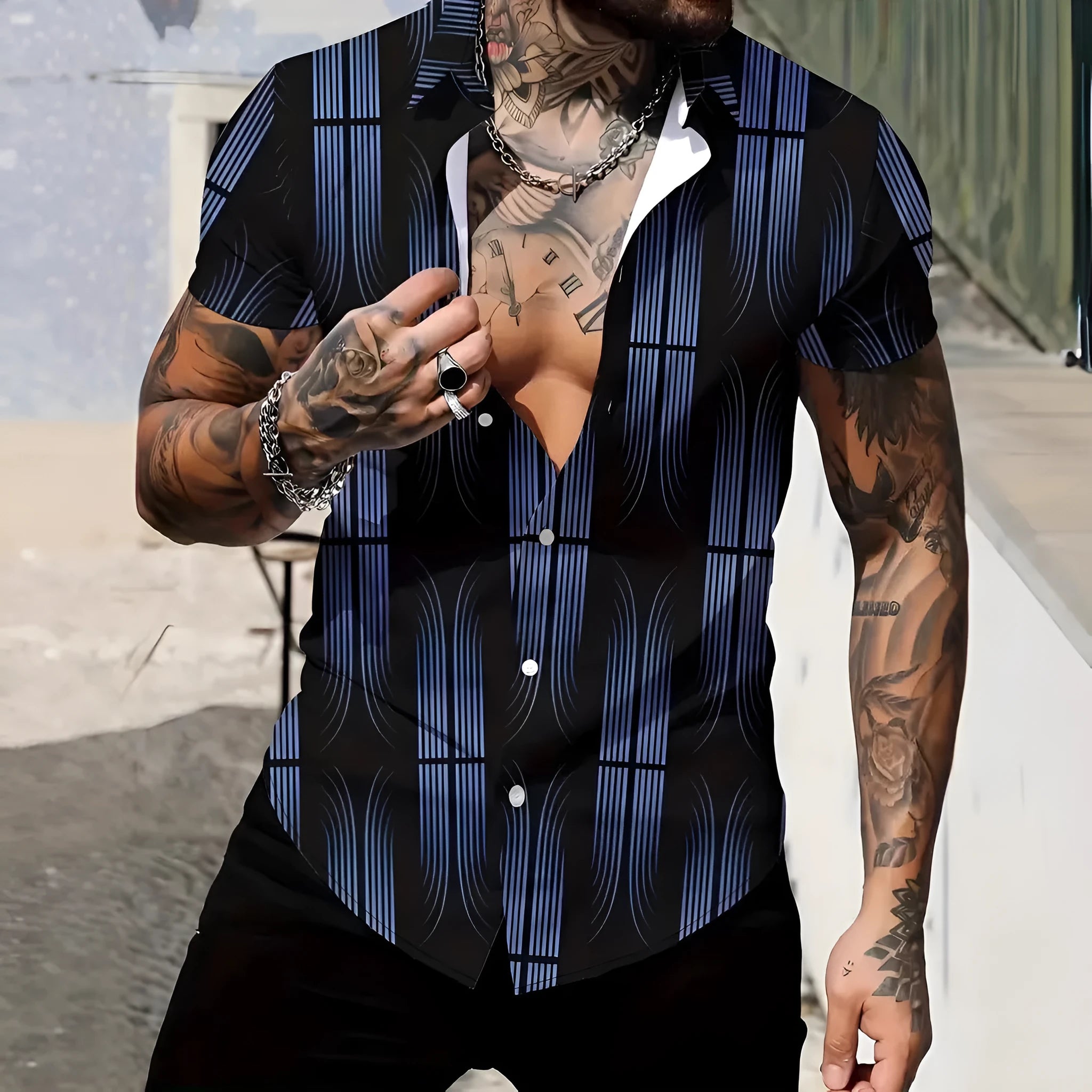 Men's geometric pattern short sleeve shirt with lapel collar on a slim fit model.