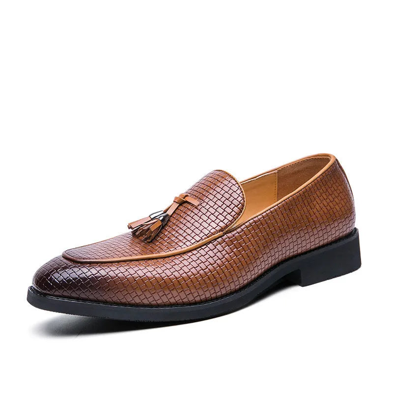 Men's black pointed slip on shoes with tassel detail and artificial PU upper
