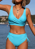 Women's solid colour polyester strappy bikini swimsuit in green, size S to 3XL