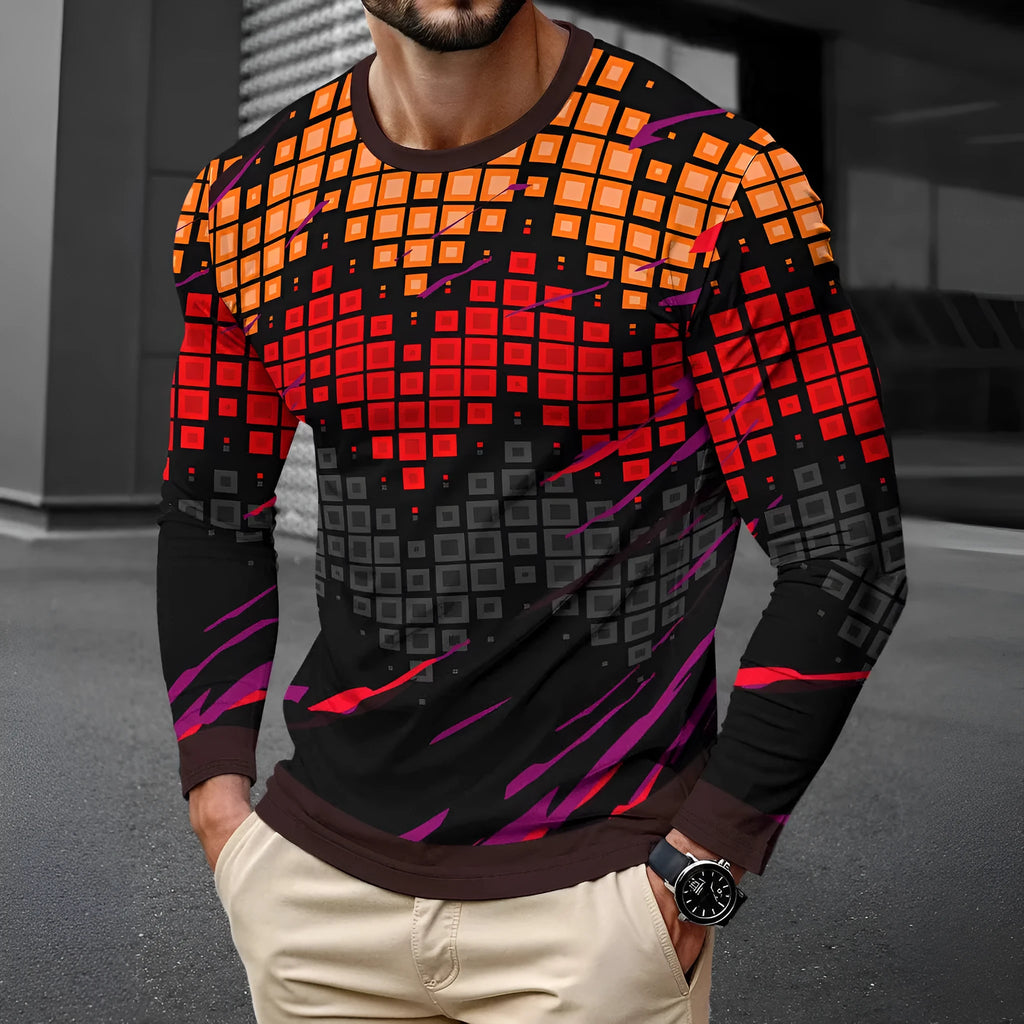 Man wearing a simple grey long sleeve round neck pullover made from milk silk fabric.