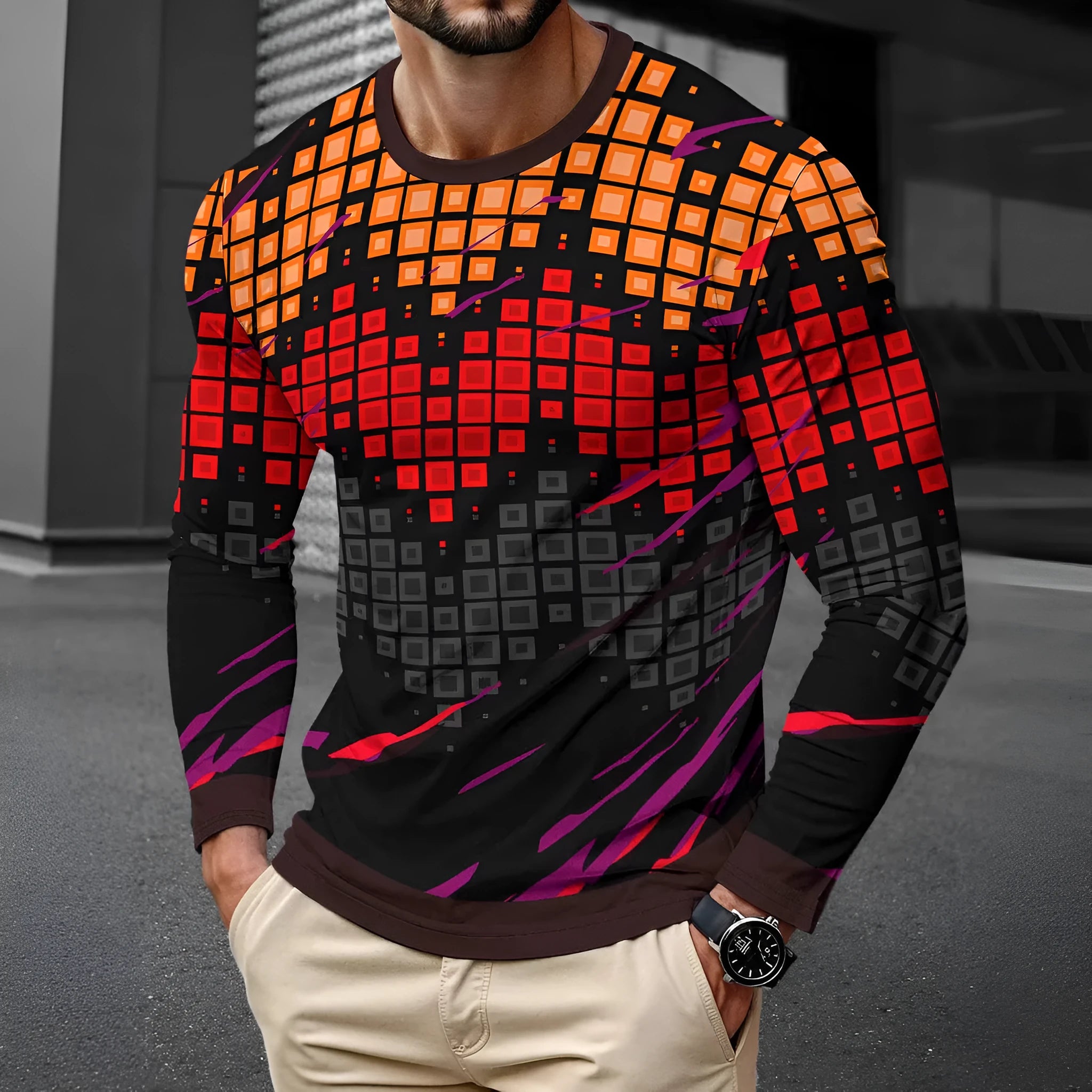 Man wearing a simple grey long sleeve round neck pullover made from milk silk fabric.