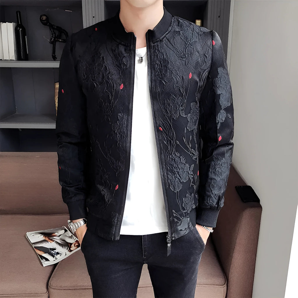 Men's Korean style pattern stand collar jacket in black, polyester fabric, long sleeves, straight hem, leisure wear