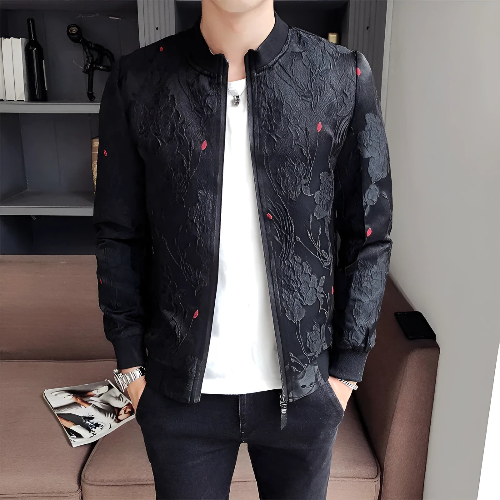 Men's Korean style pattern stand collar jacket in black, polyester fabric, long sleeves, straight hem, leisure wear