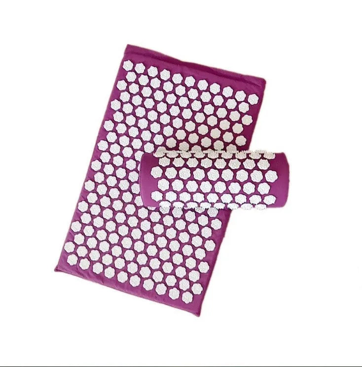 Lotus acupuncture mat and pillow set with 190+69 white plastic pressure points, 100% cotton cover, 68x42x2cm mat, 36x14x9cm pillow, multiple colours