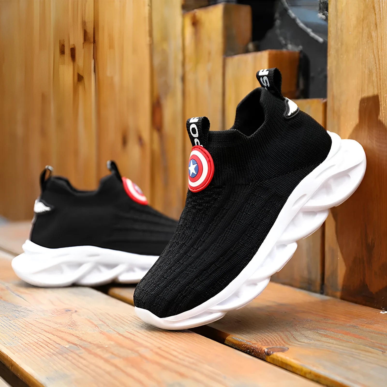 Children's black and white knitted shoes with MD sole for runway wear