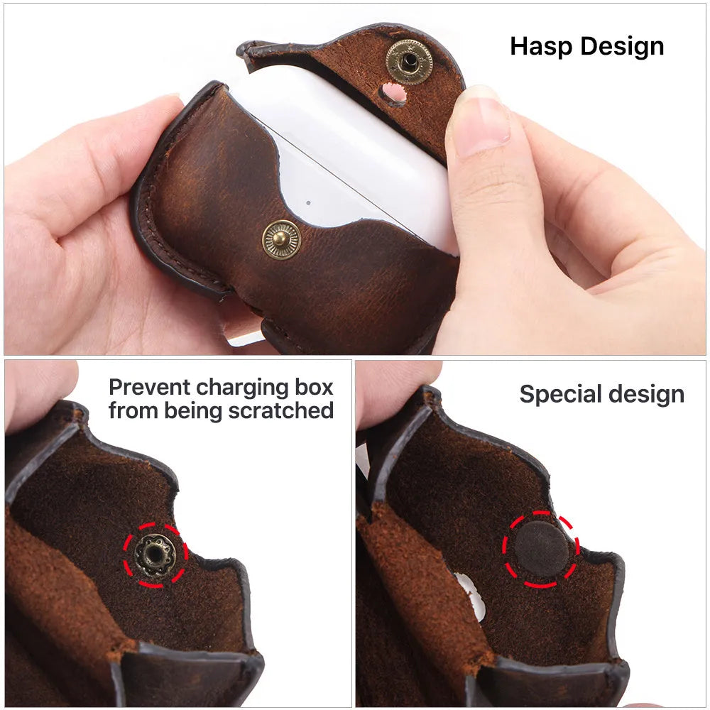 Brown leather clamshell case cover for Apple AirPods Pro with a vintage crazy horse pattern texture.
