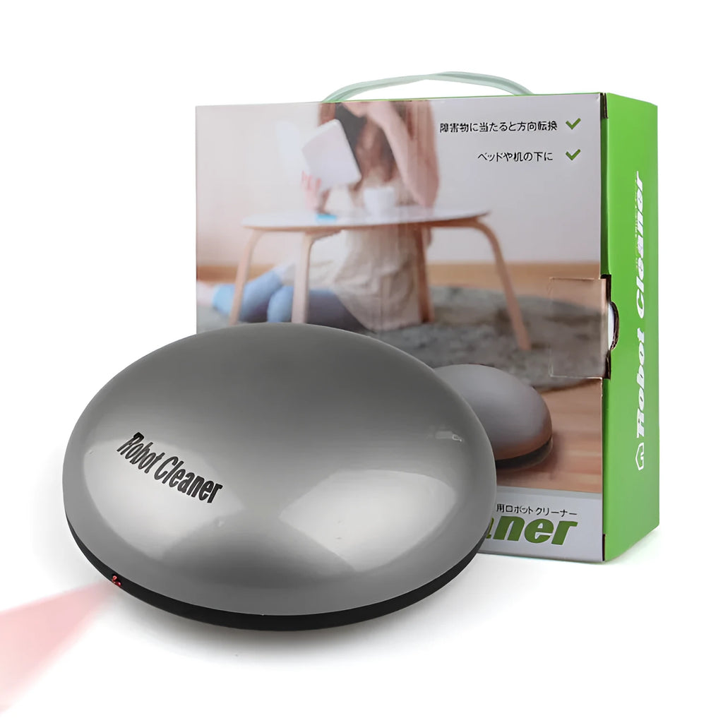 Silver-coloured mini robotic vacuum cleaner with compact dimensions for small space cleaning