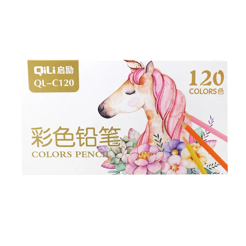 120 colored pencils with rosewood shells arranged in a wooden case