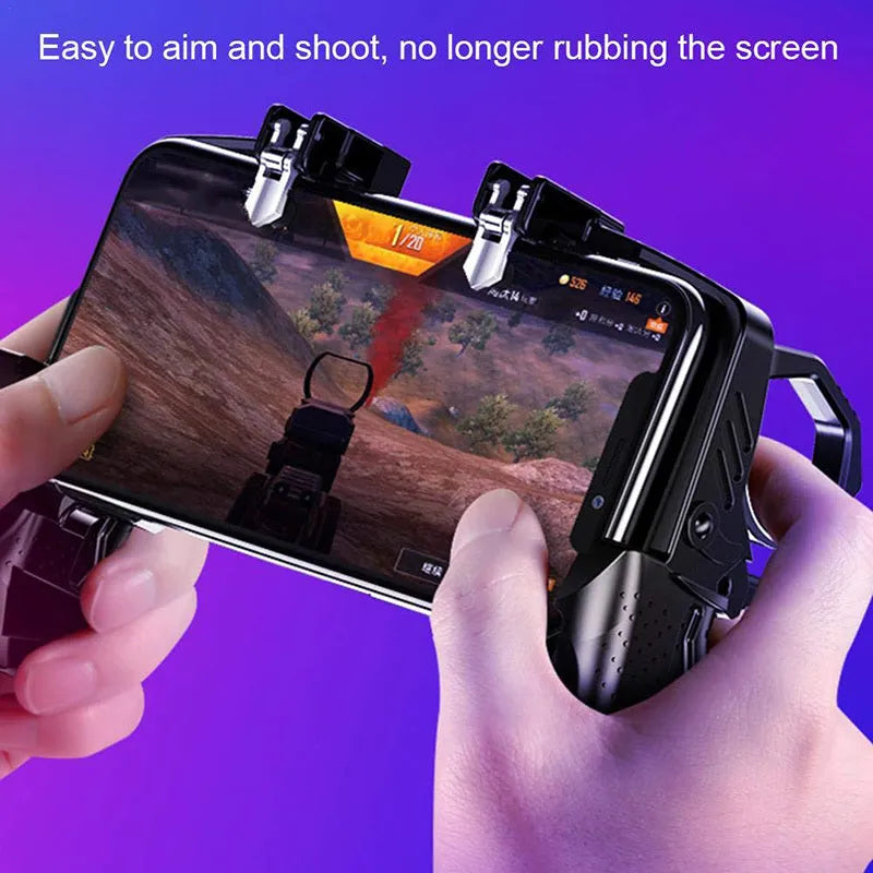 Black multi-function gamepad with zinc alloy trigger and phone holder for 4-6.5 inch smartphones.