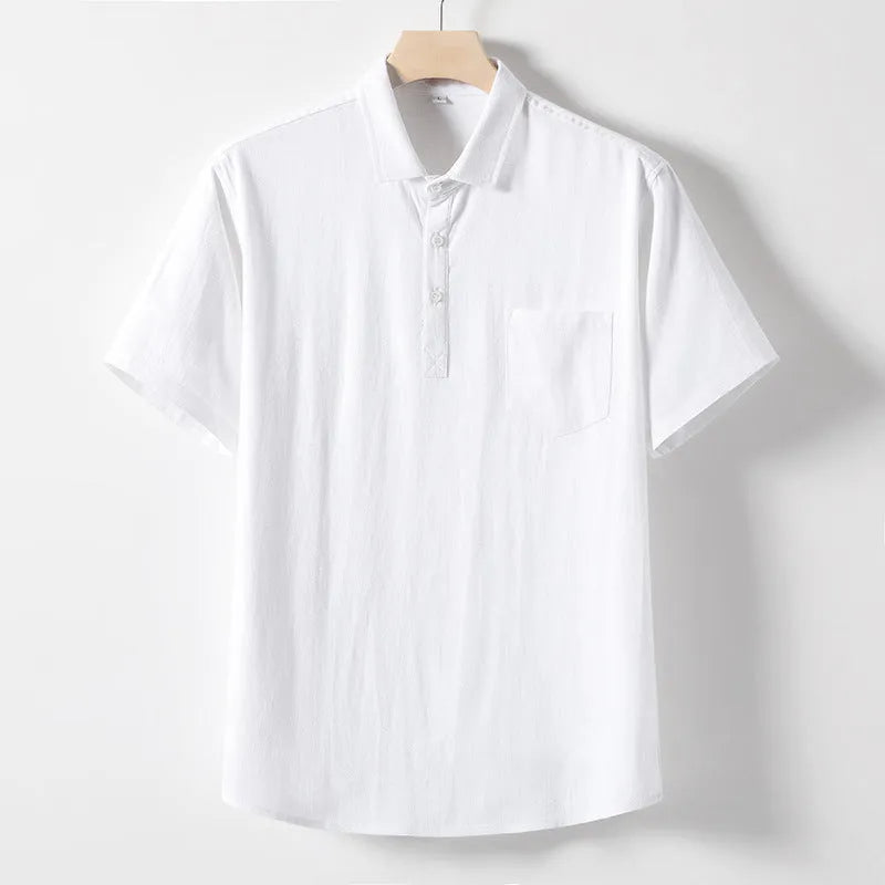 Men's loose fit linen T-shirt with lapels and short sleeves in solid colours