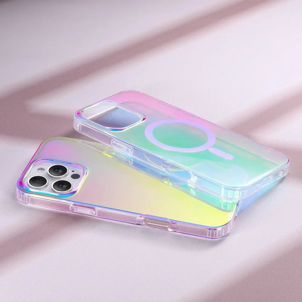 Glossy chameleon colour-changing magnetic suction case for iPhone on a white background.