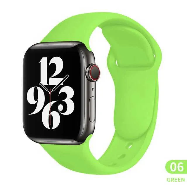 Silicone Apple watch replacement strap in black, shown fitted to a 44mm watch case.