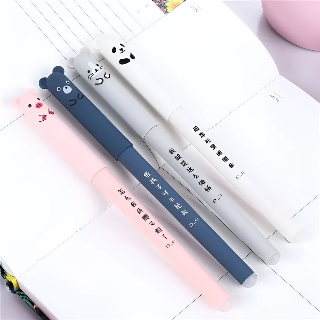 Black erasable gel pen with 0.5mm tip showing refill components including nibs and ink refills