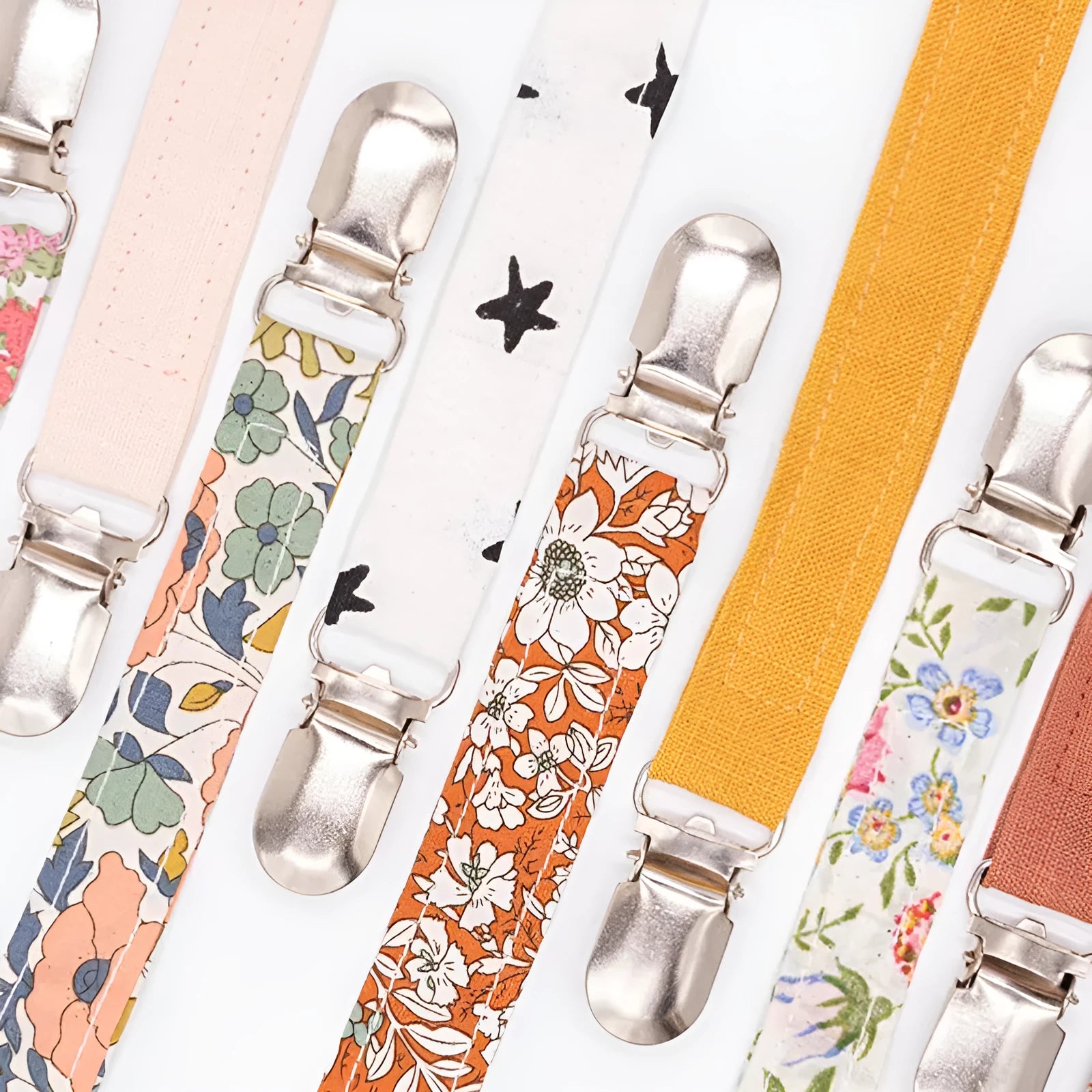 Cotton linen print M Series pacifier clip with belt and clip attachment