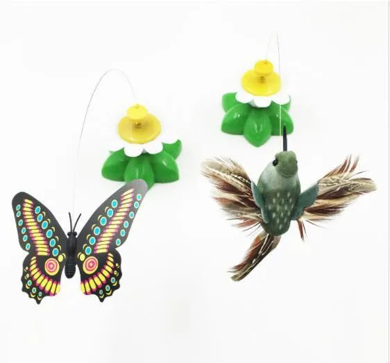 Electric automatic rotating white flower with green leaves and colourful butterfly on 21cm steel wire