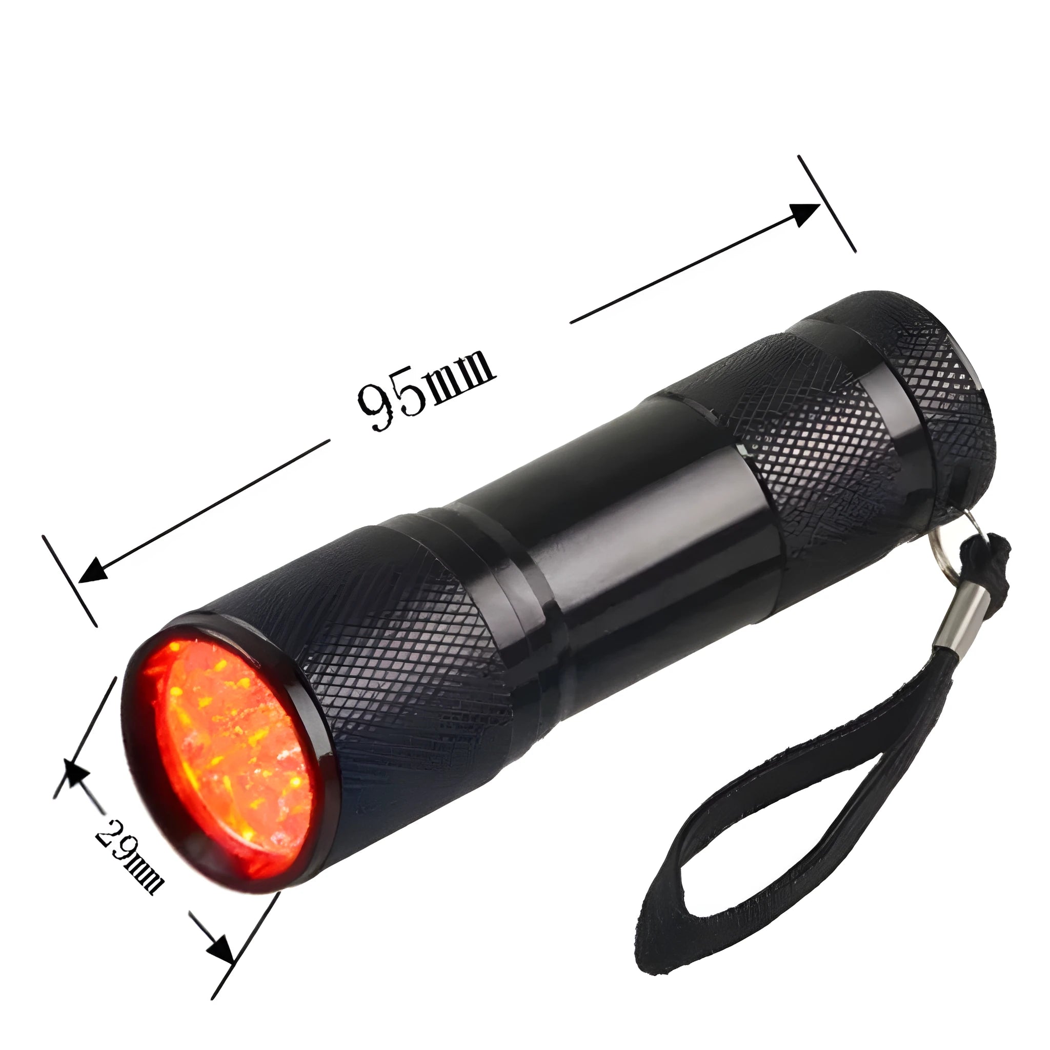 Black aluminium alloy smart vein locator device with red LED lights, shown at 29mm by 95mm size.