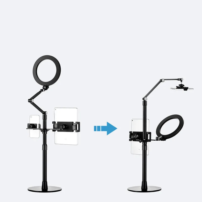 Black mobile phone tablet stand with fill light attachment in folded position showing rotation mechanism