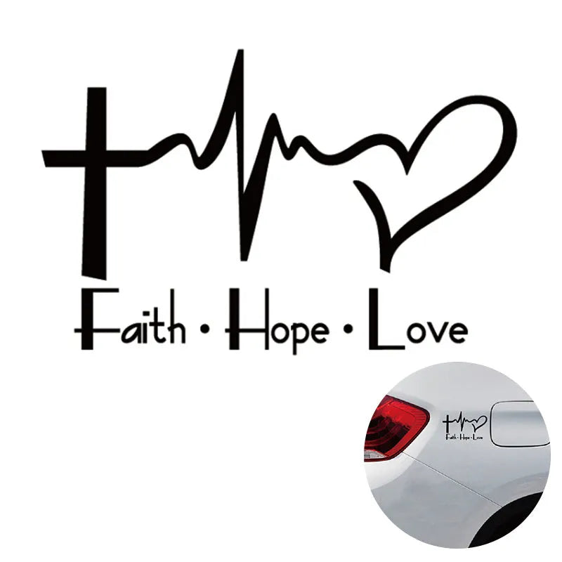 Faith hope love plus wall sticker in black PVC decal 14.6x9cm on a light wall