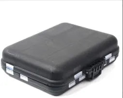Black plastic storage box containing 188 stainless steel fishing accessories including swivels, snaps, and beads