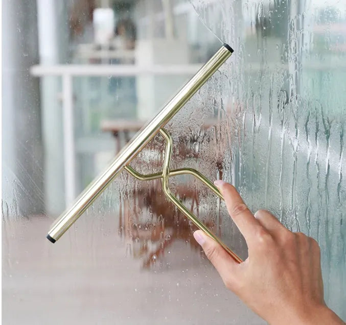 Silicone glass wiper with hook, 22.8cm scraper length, black colour, on a shower screen edge