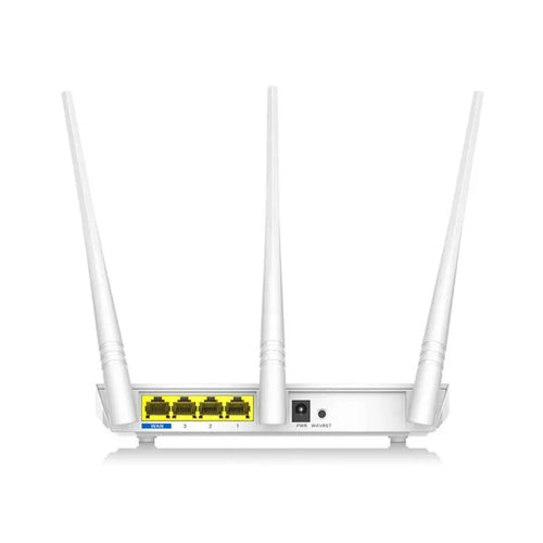 White rectangular dual-band wireless router with status LEDs, shown on a wooden surface.