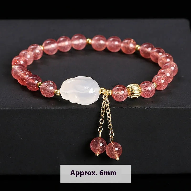 Strawberry quartz agate white rabbit bracelet with 6mm geometric beads for women