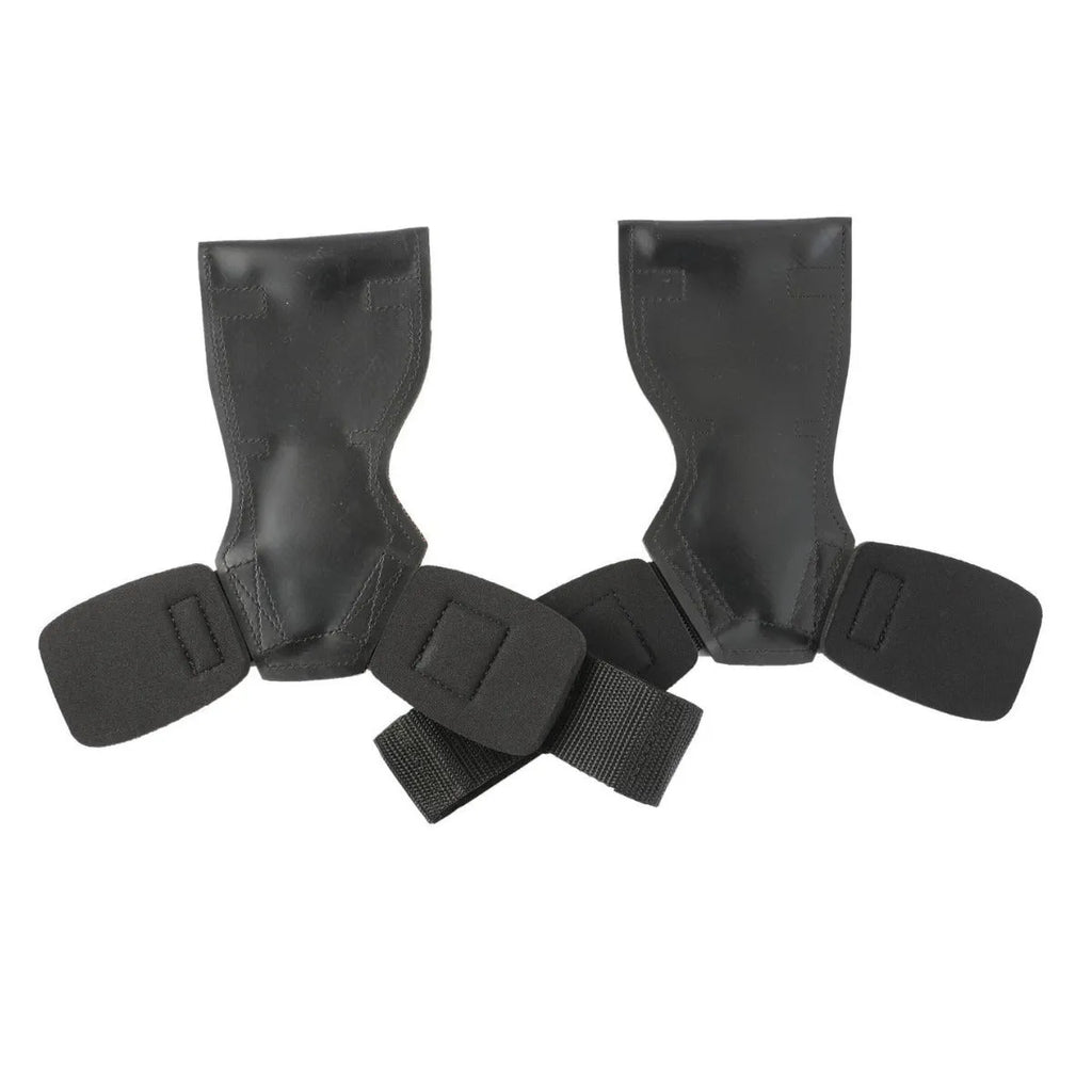 Black rubber weightlifting palm grips and assist belt set for barbell pulls.