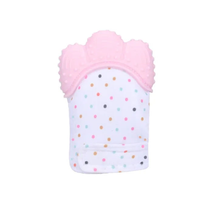 BPA-free silicone baby teether glove fastened with a white Velcro strap on a baby's hand