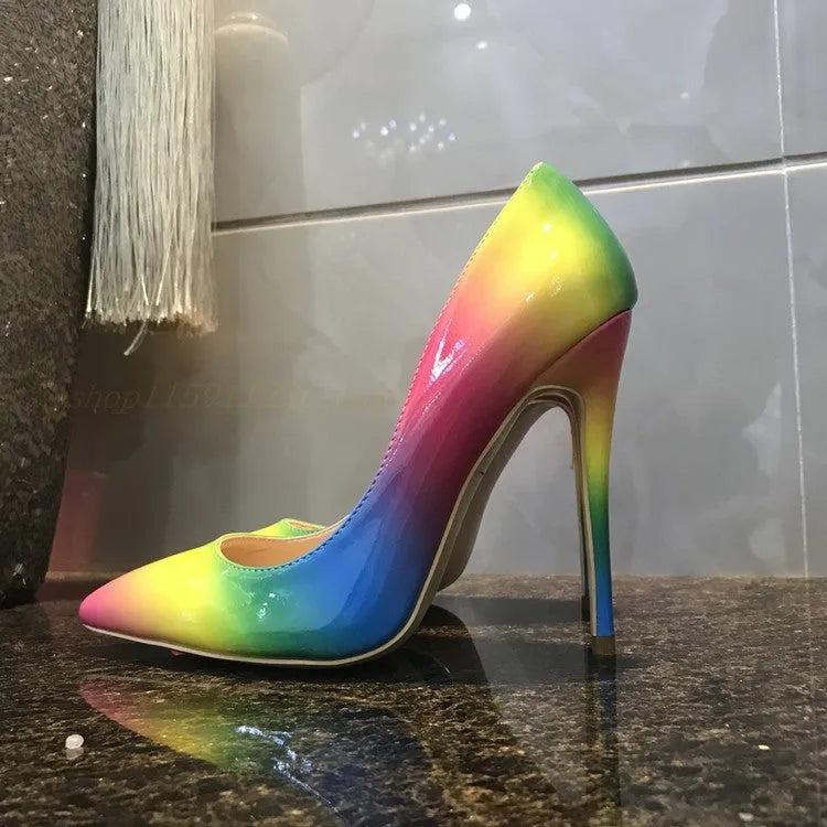 Rainbow patent leather women's high heel shoes with pointed toe and thin stiletto heel.