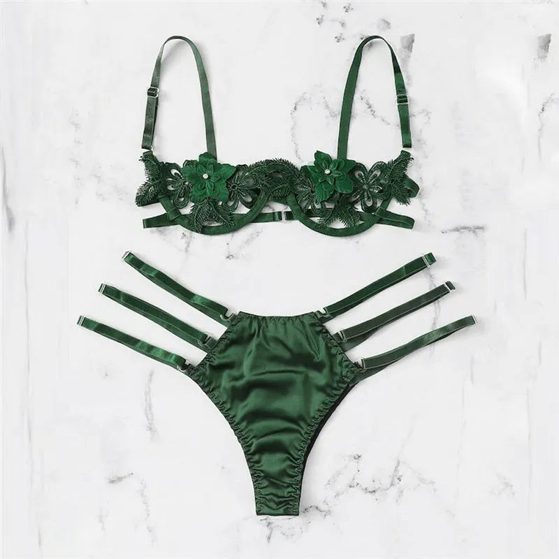 Women's black half-cup unlined bra and brief lingerie set with adjustable straps